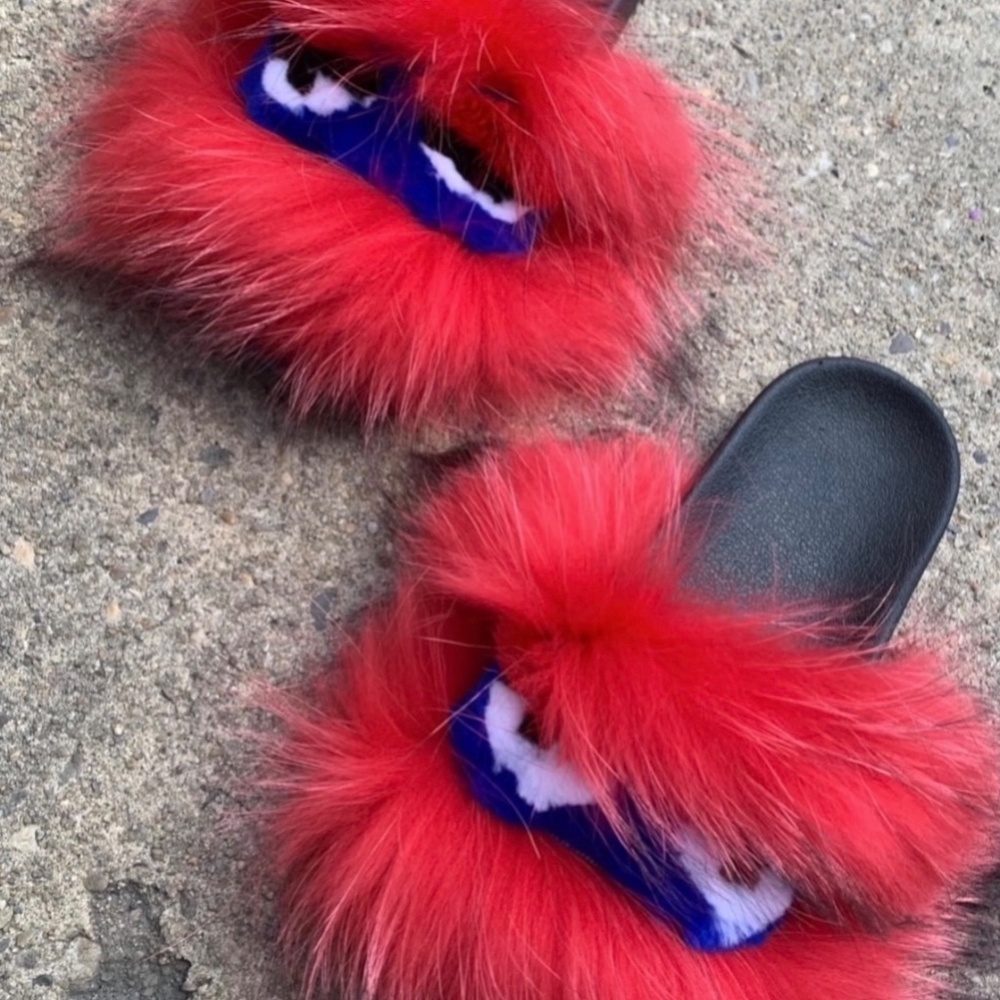 Red Monsta Real Fur Custom Slides Sizes 9.5,10 - image 4